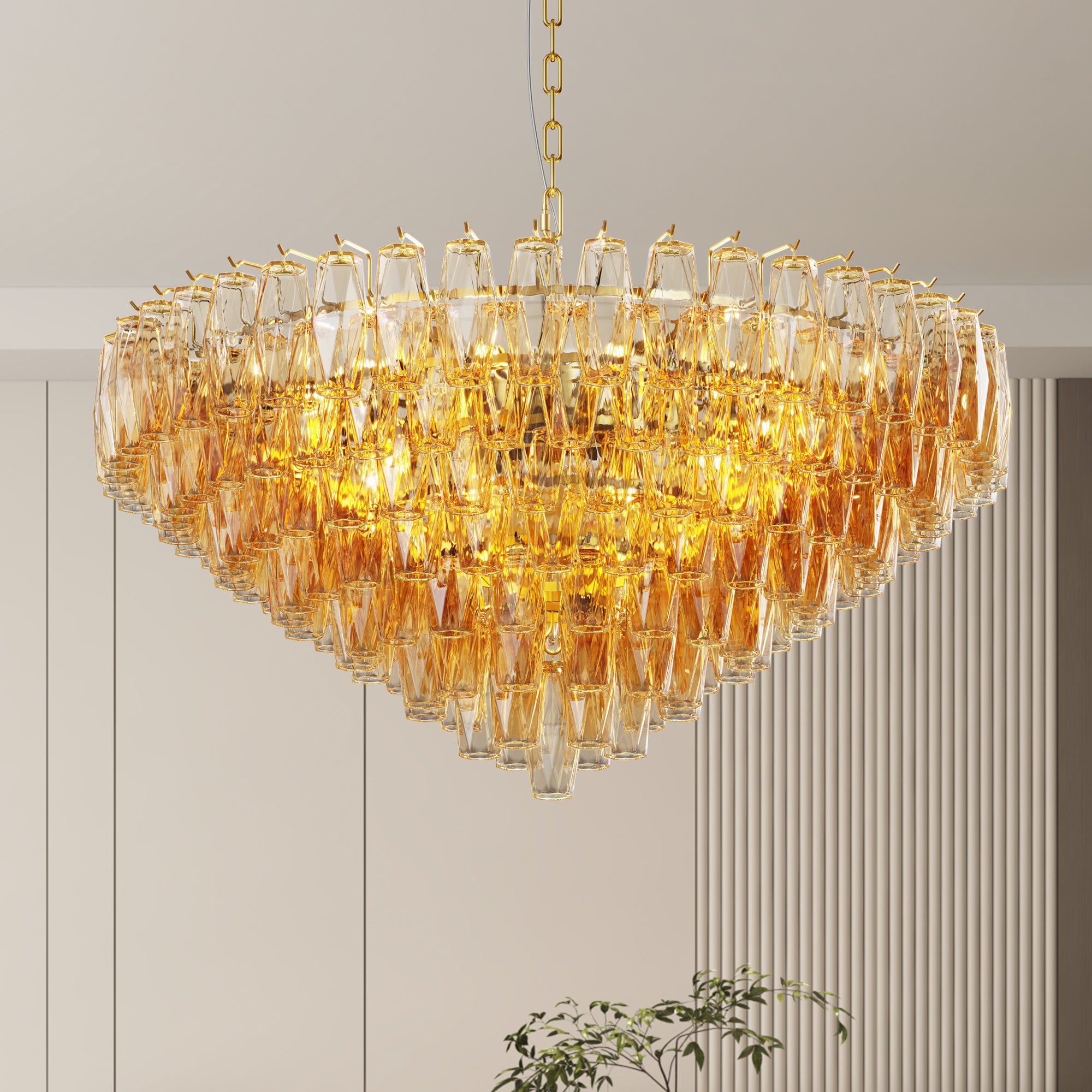 37" Modern Gold Round Chandelier with Tiered Smoke Glass - 14-Light Statement Fixture