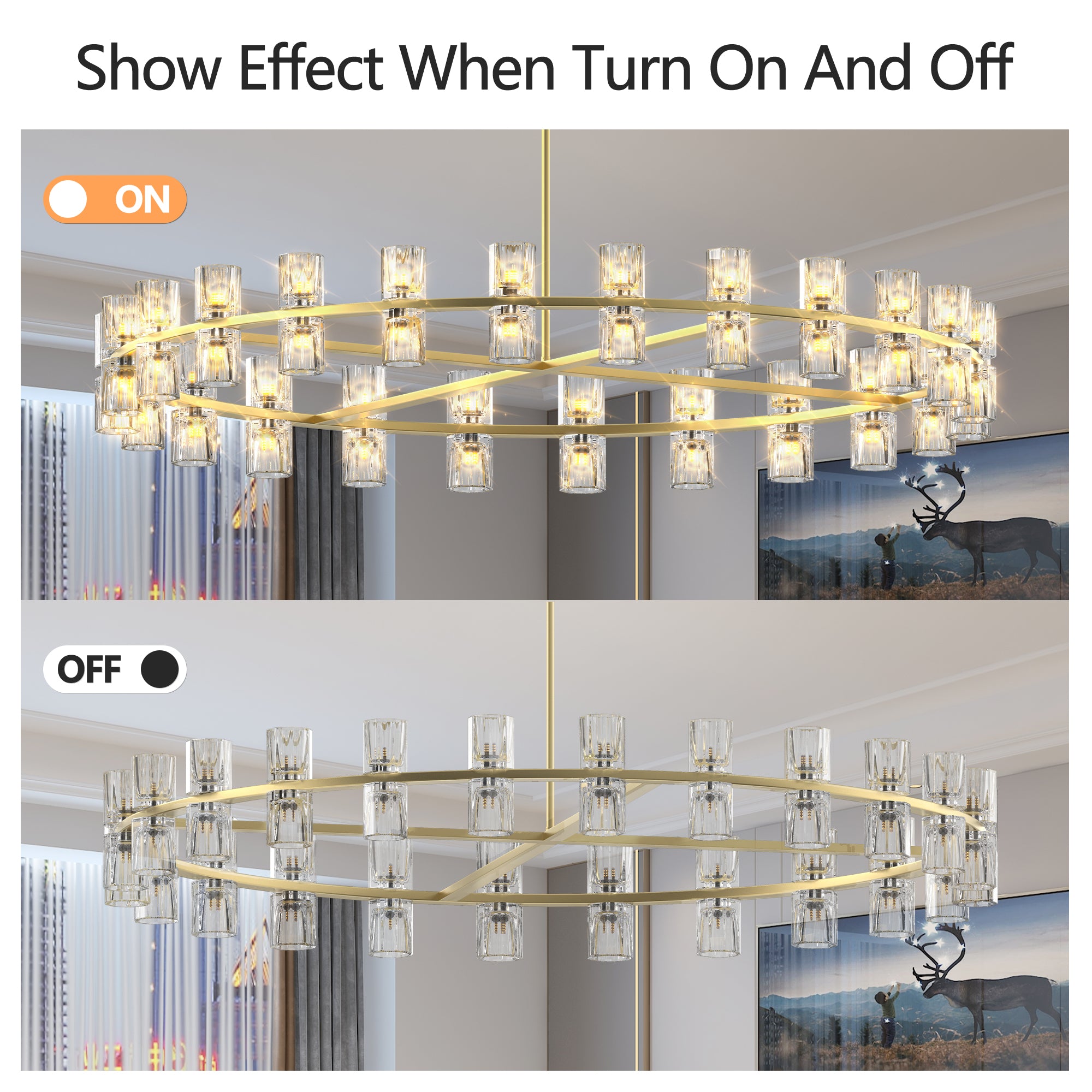 48" Gold Wagon Wheel Chandelier with Crystal Shades - 48-Light Modern Farmhouse Lighting