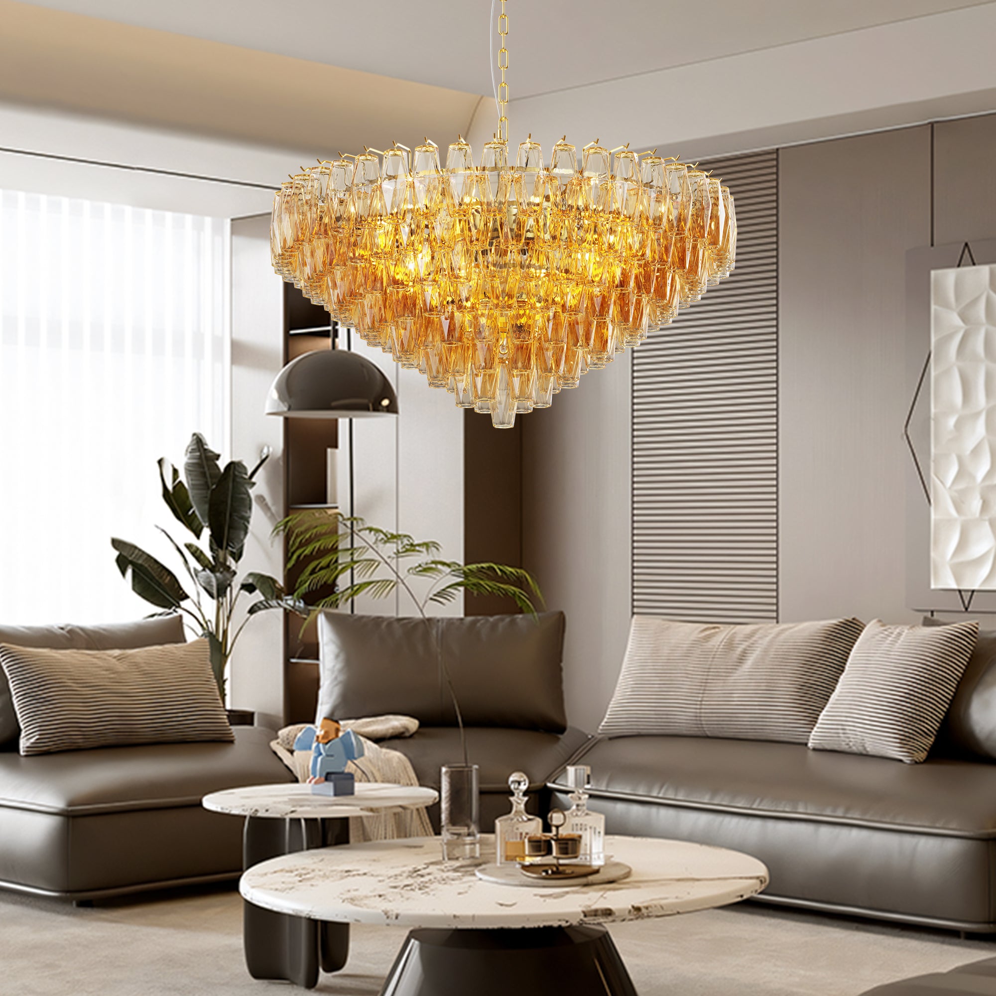 37" Modern Gold Round Chandelier with Tiered Smoke Glass - 14-Light Statement Fixture