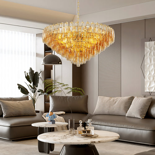 37" Modern Gold Round Chandelier with Tiered Smoke Glass - 14-Light Statement Fixture