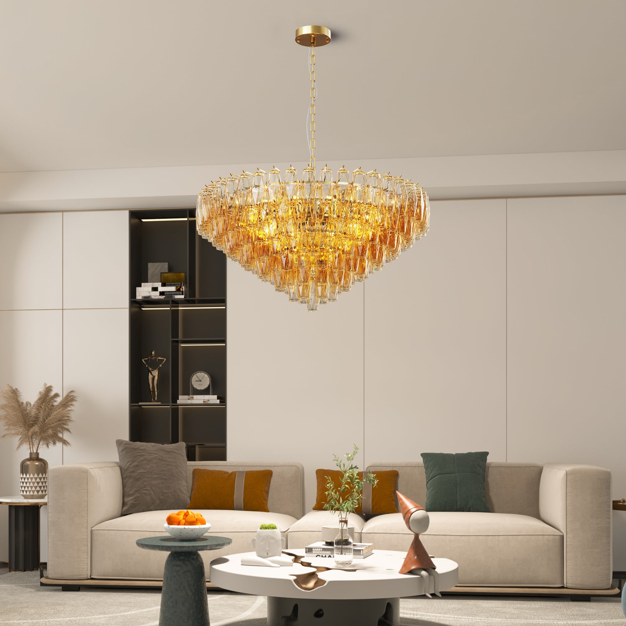 37" Modern Gold Round Chandelier with Tiered Smoke Glass - 14-Light Statement Fixture