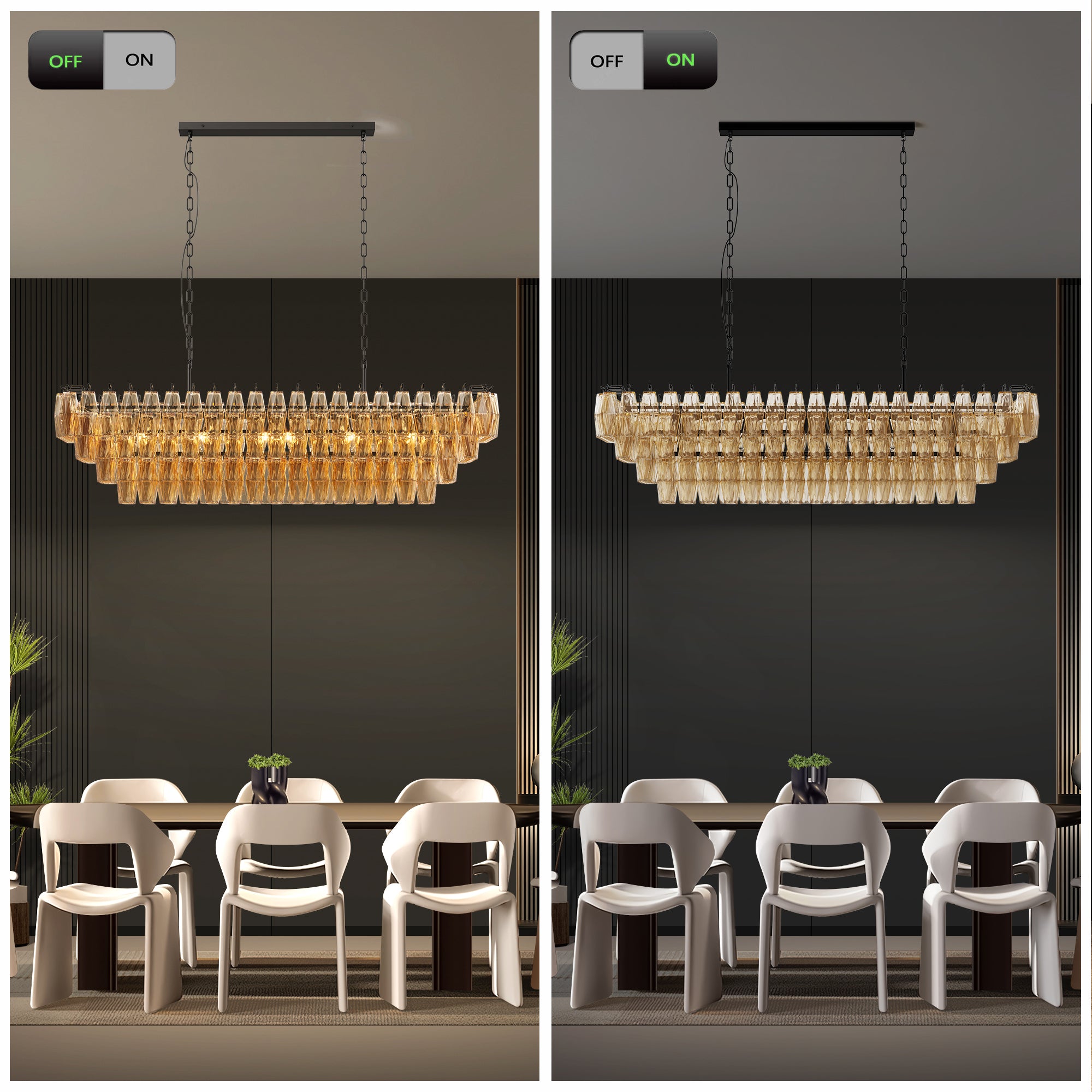 54" 4-Tier Black Chandelier with Smoke Glass - Modern Rectangular Dining Room Lighting