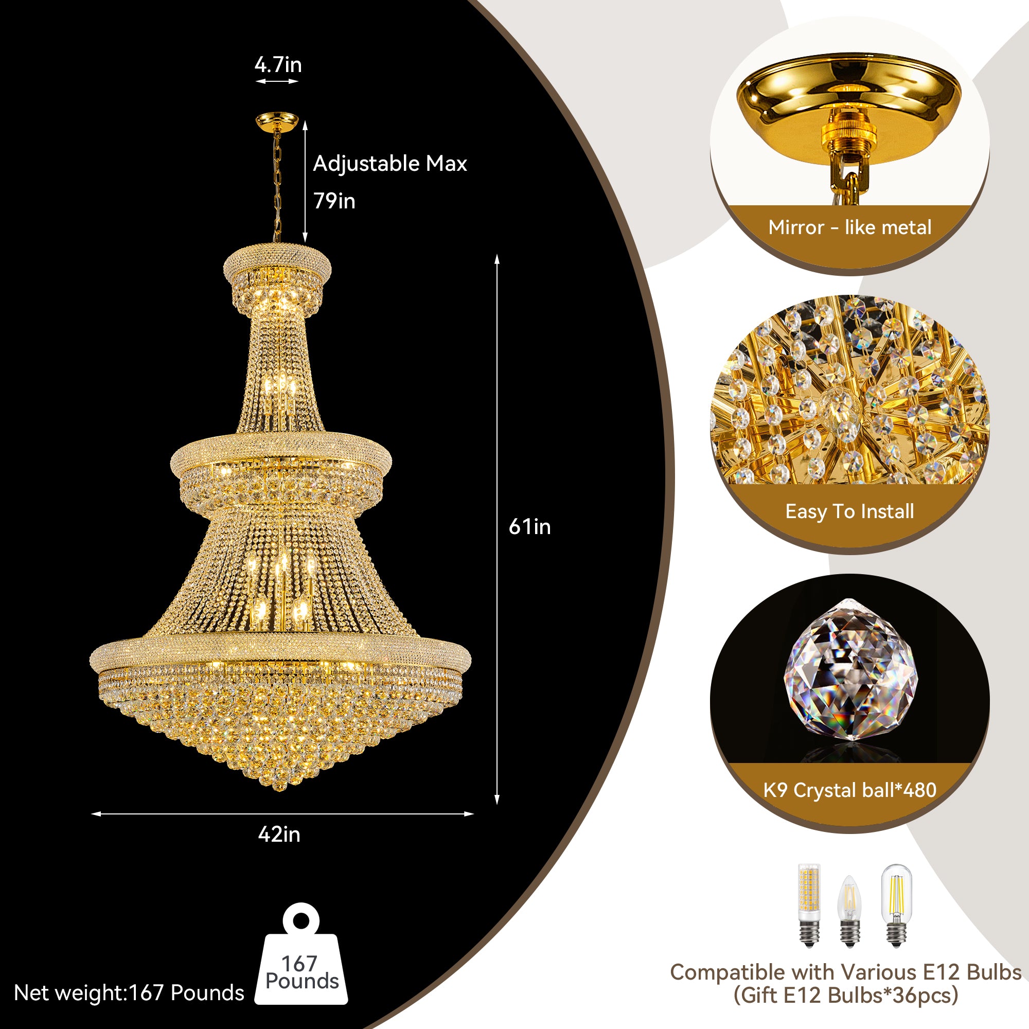 42-Inch 3-Tier Luxury K9 Crystal Chandelier - Empire Style with Adjustable Chain