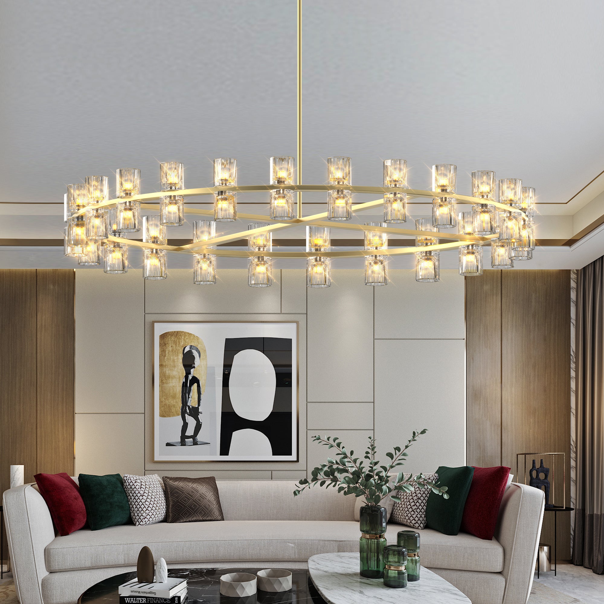 48" Gold Wagon Wheel Chandelier with Crystal Shades - 48-Light Modern Farmhouse Lighting