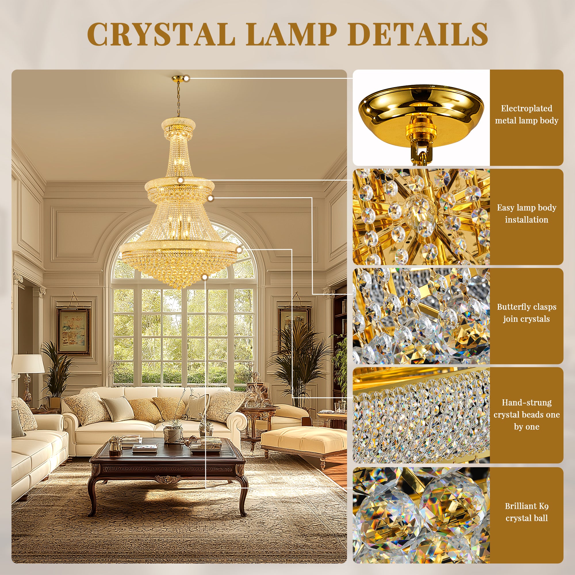 42-Inch 3-Tier Luxury K9 Crystal Chandelier - Empire Style with Adjustable Chain