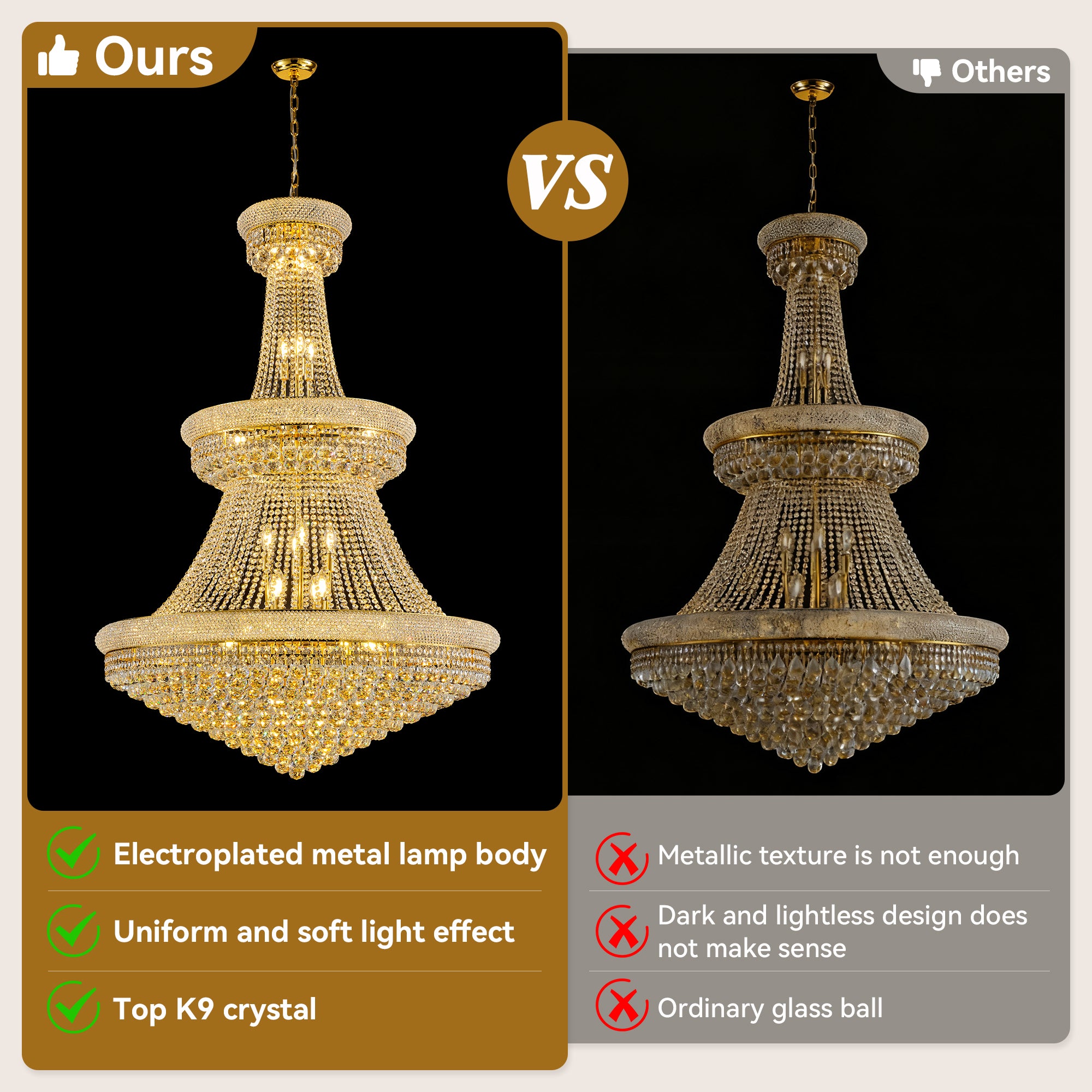 42-Inch 3-Tier Luxury K9 Crystal Chandelier - Empire Style with Adjustable Chain