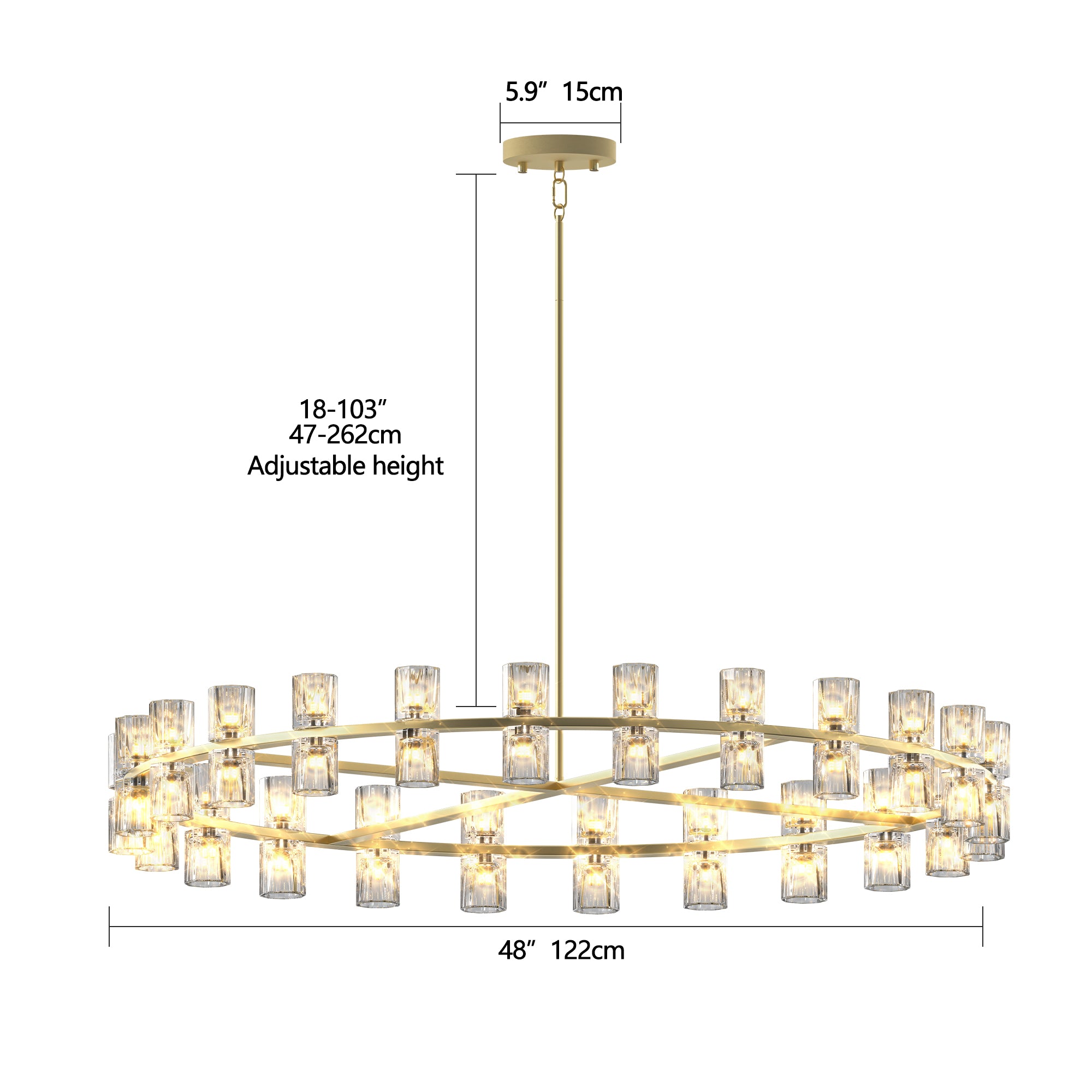 48" Gold Wagon Wheel Chandelier with Crystal Shades - 48-Light Modern Farmhouse Lighting