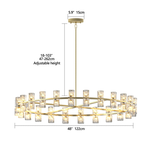 48" Gold Wagon Wheel Chandelier with Crystal Shades - 48-Light Modern Farmhouse Lighting