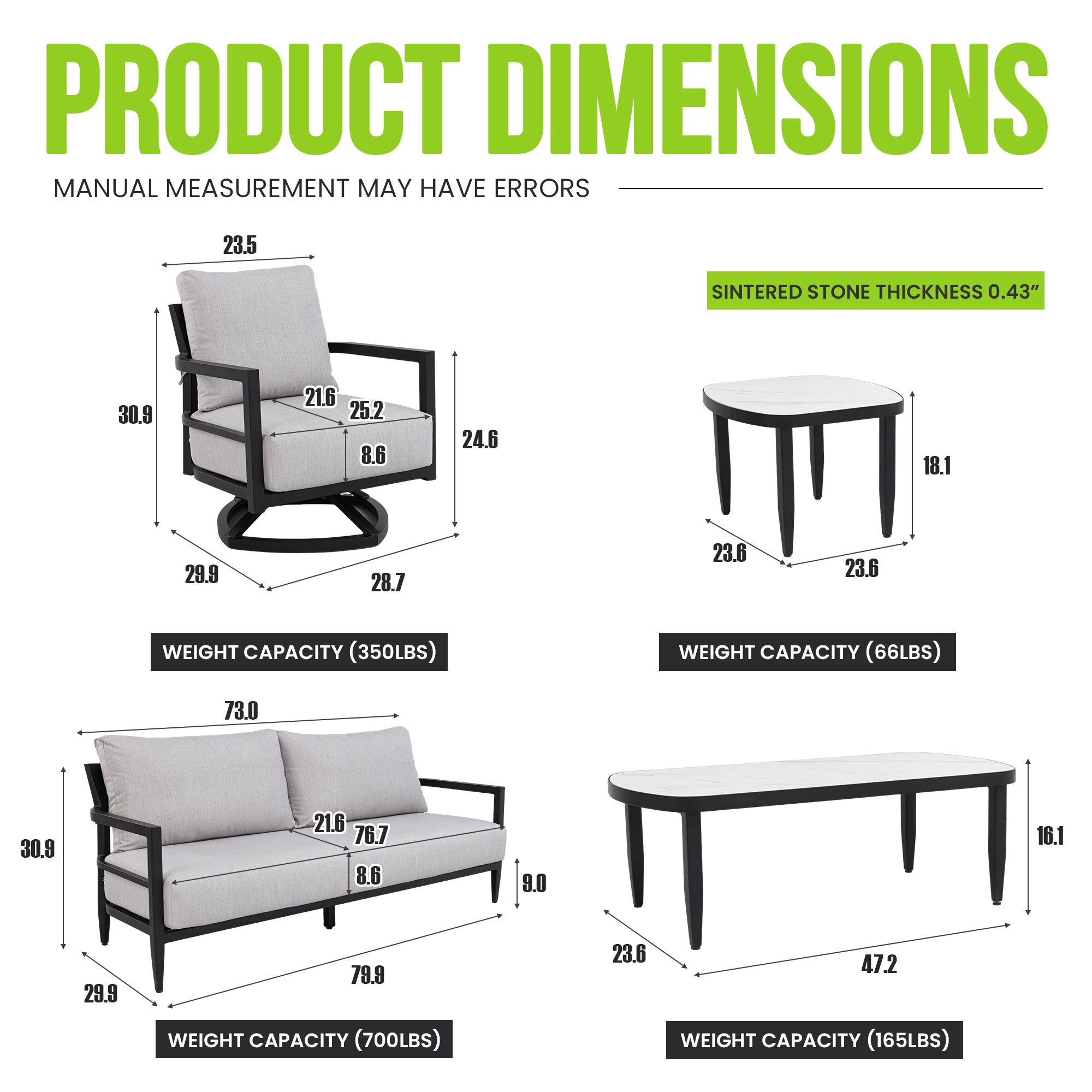 6PC Outdoor Conversation Set with 360° Swivel Chairs & Sintered Stone Table - Rust-Free Aluminum Frame
