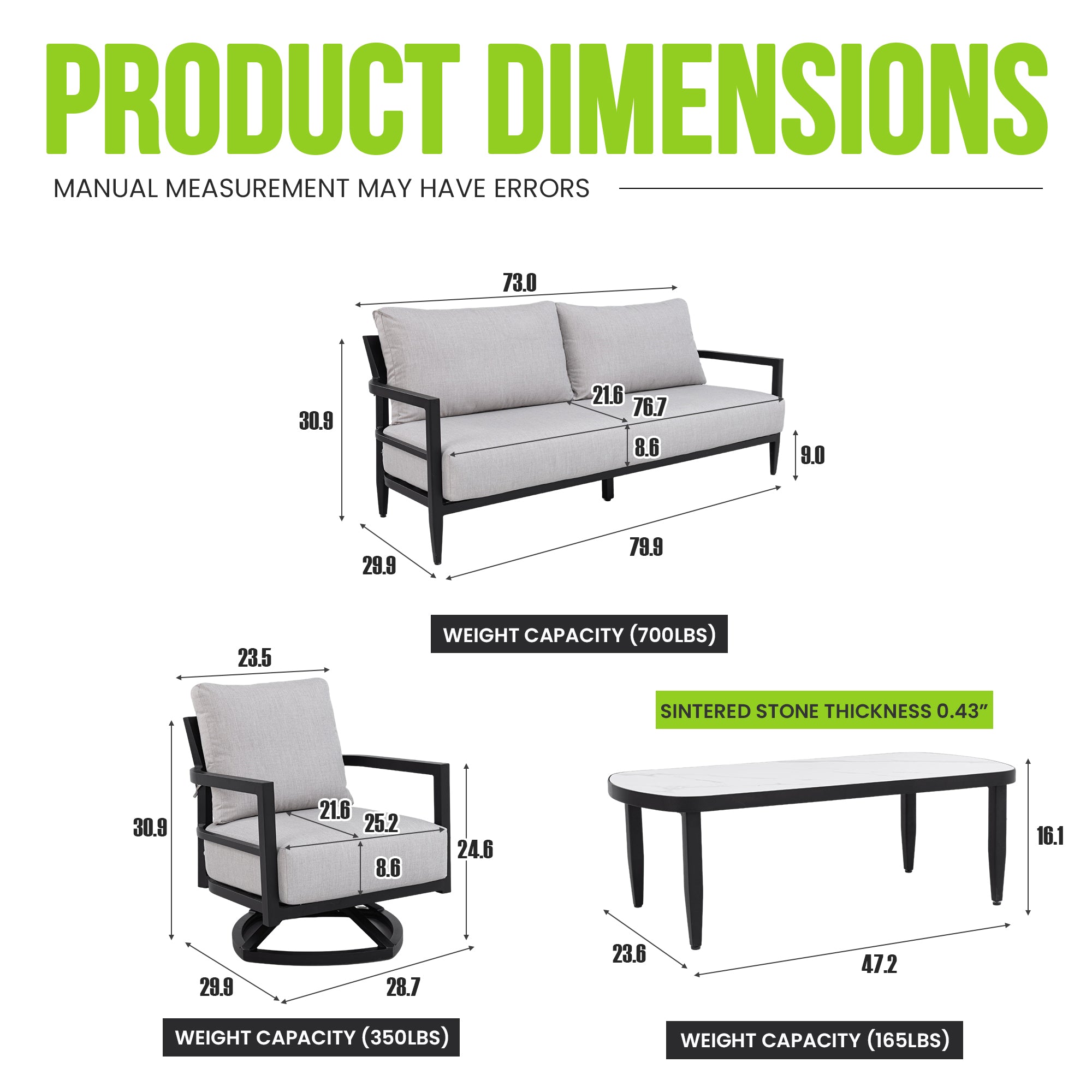 4PC Outdoor Conversation Set with 360° Swivel Chairs & Sintered Stone Table - Ember Black Aluminum Frame