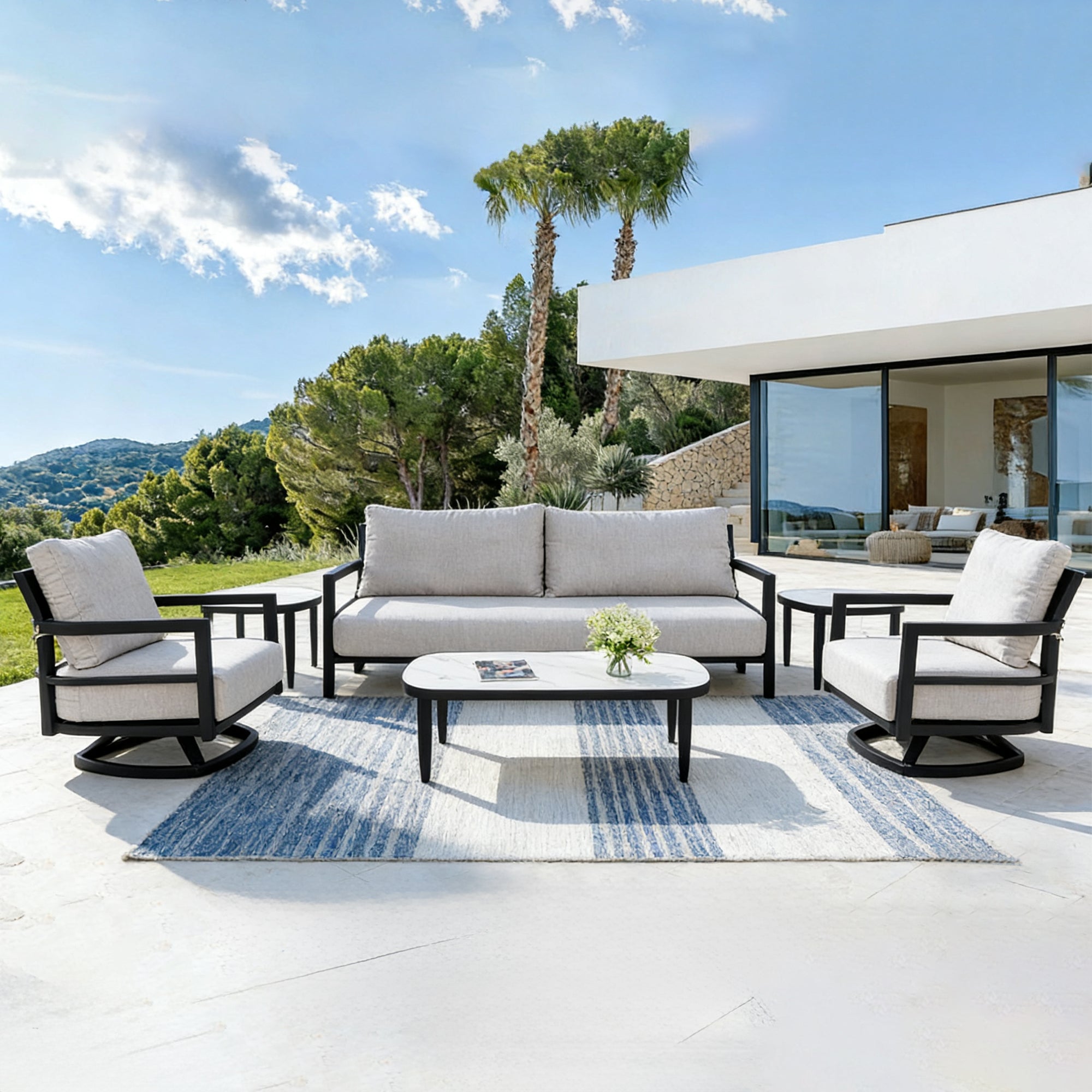 6PC Outdoor Conversation Set with 360° Swivel Chairs & Sintered Stone Table - Rust-Free Aluminum Frame