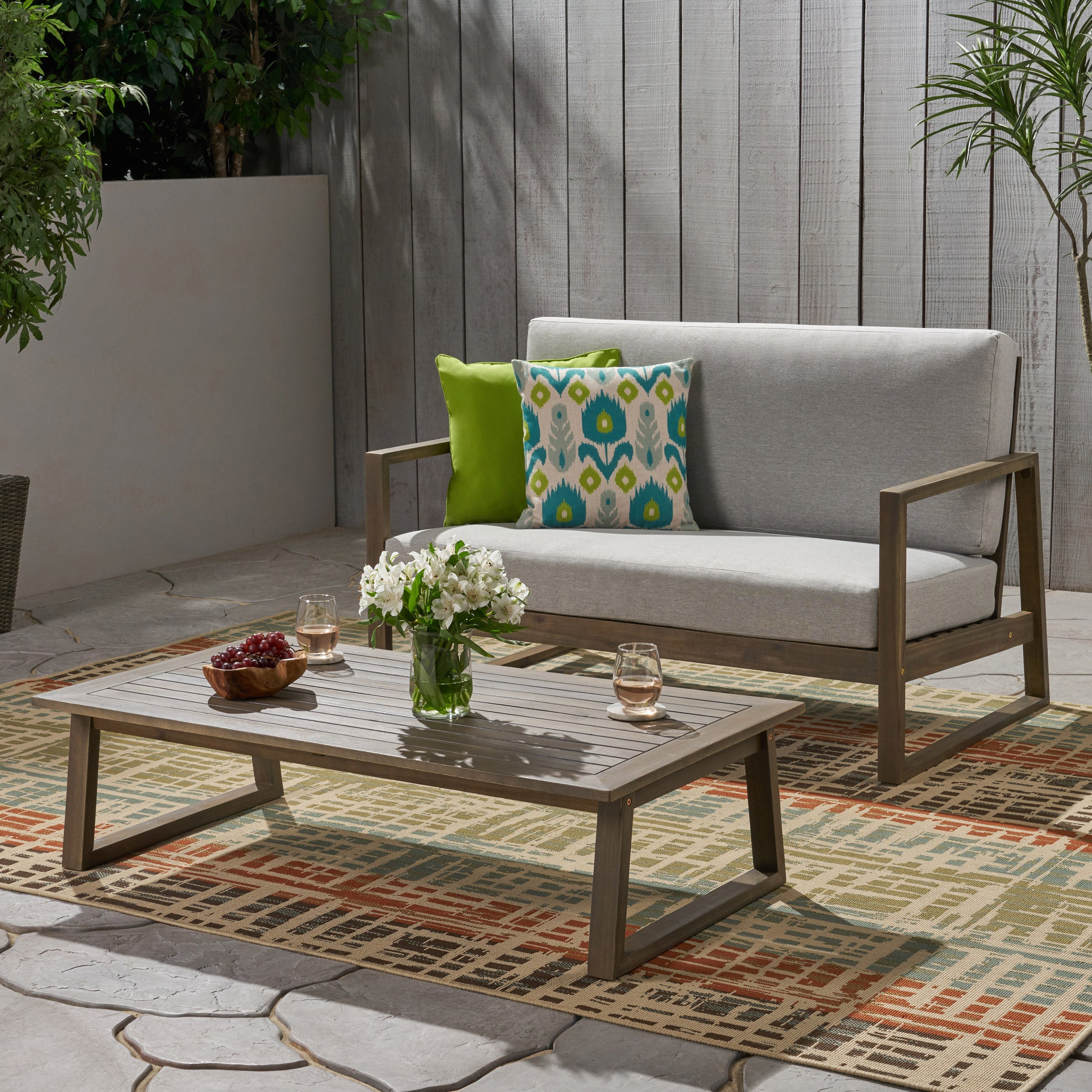 2PC Outdoor Acacia Wood Loveseat & Coffee Table Set - Weather-Resistant with Water-Resistant Cushions