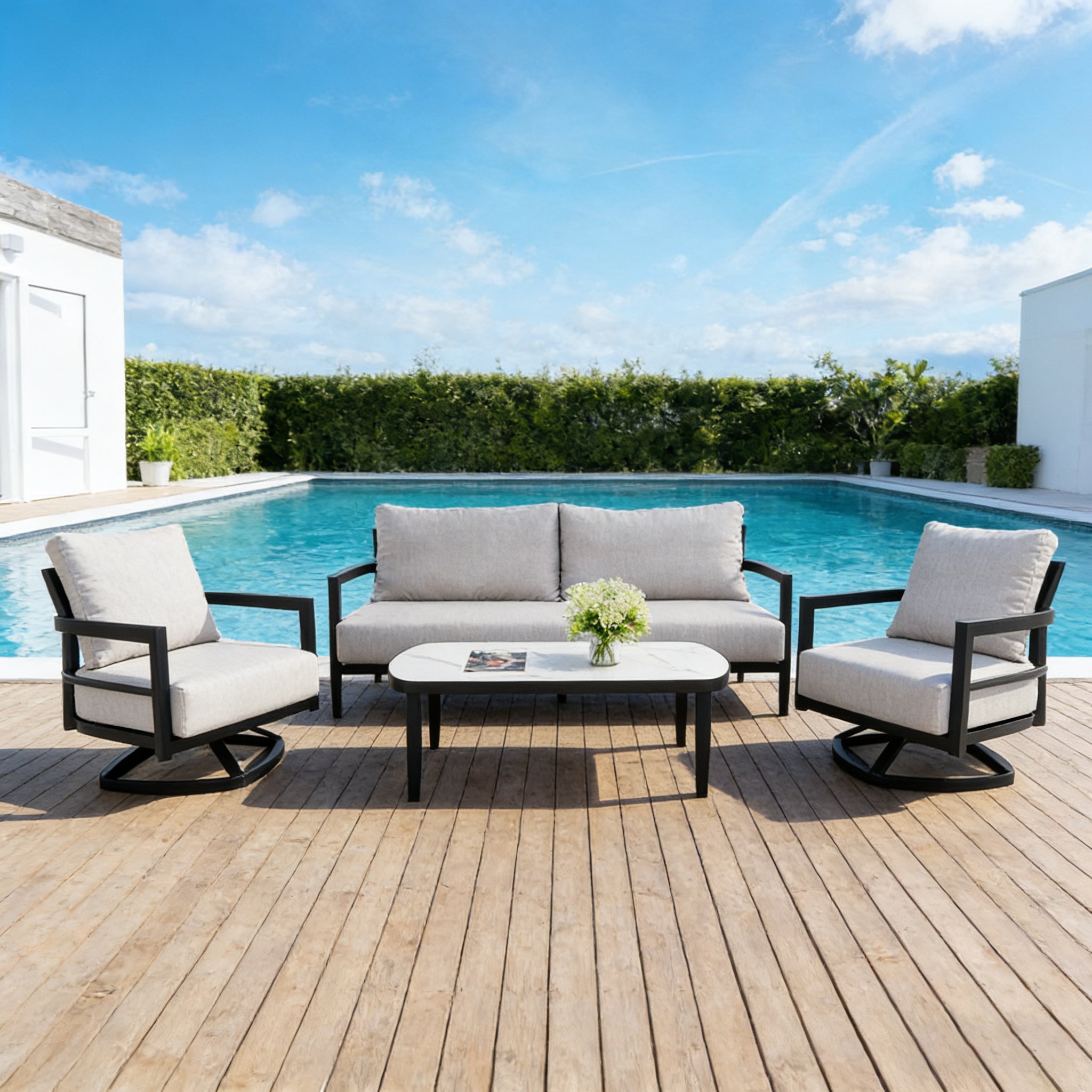 4PC Outdoor Conversation Set with 360° Swivel Chairs & Sintered Stone Table - Ember Black Aluminum Frame