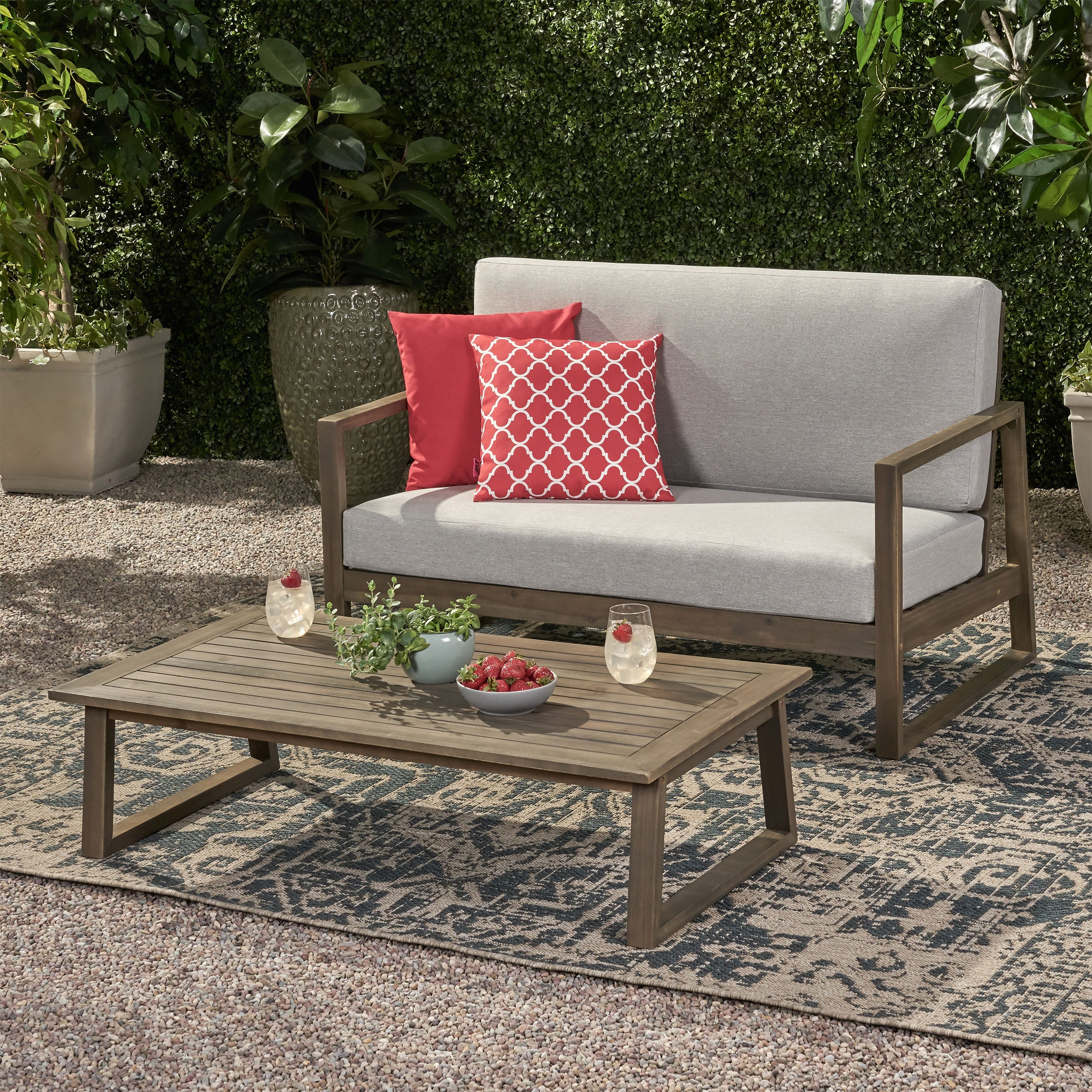 2PC Outdoor Acacia Wood Loveseat & Coffee Table Set - Weather-Resistant with Water-Resistant Cushions
