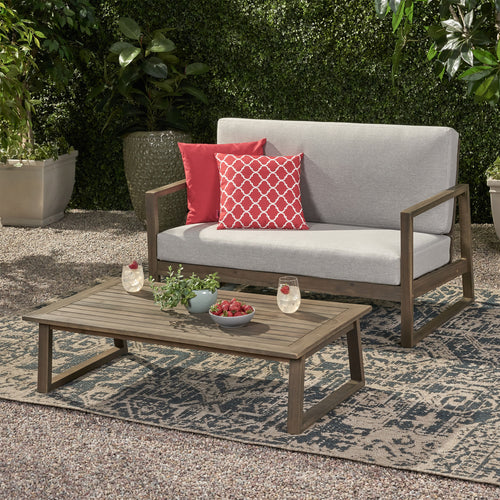2PC Outdoor Acacia Wood Loveseat & Coffee Table Set - Weather-Resistant with Water-Resistant Cushions