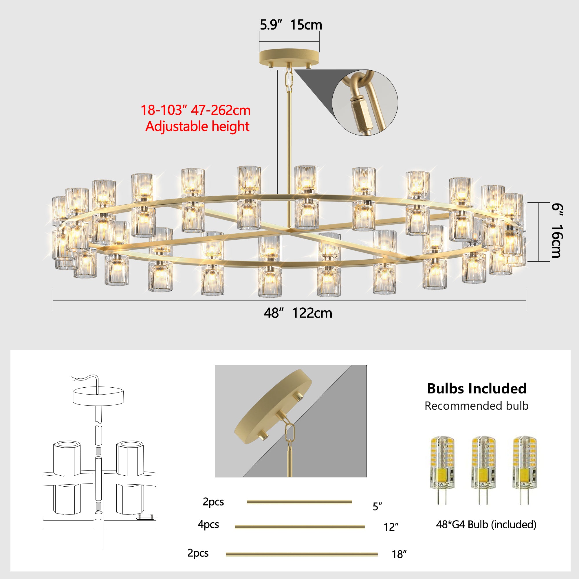 48" Gold Wagon Wheel Chandelier with Crystal Shades - 48-Light Modern Farmhouse Lighting