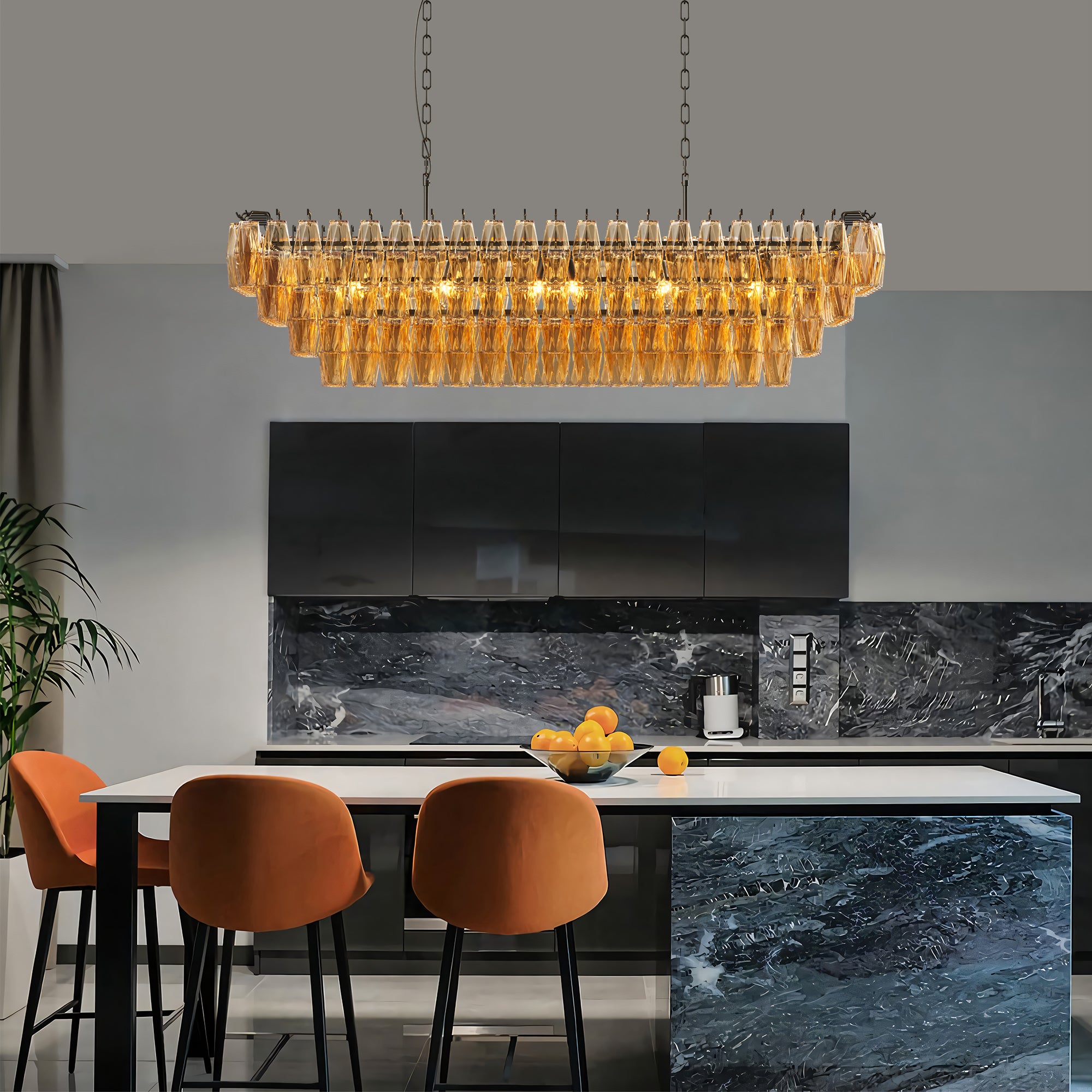 54" 4-Tier Black Chandelier with Smoke Glass - Modern Rectangular Dining Room Lighting
