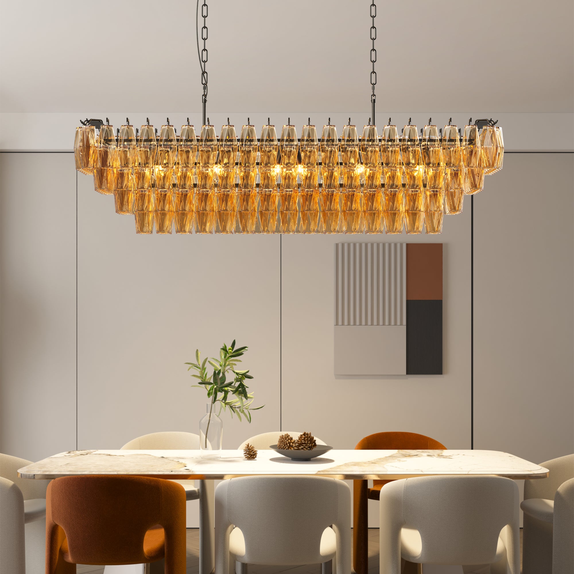 54" 4-Tier Black Chandelier with Smoke Glass - Modern Rectangular Dining Room Lighting