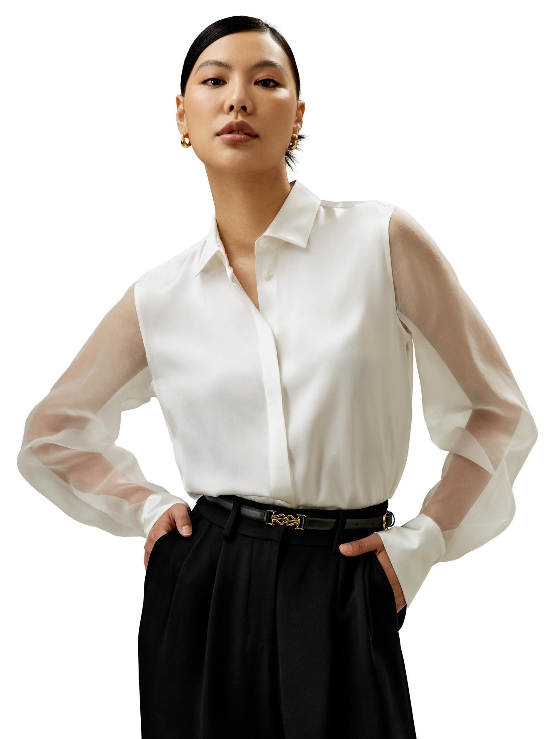 LilySilk Womens Pure Silk Shirt Ladies Silk Blouse with Crisp Sheer Sleeves and Smooth Finish Main Body
