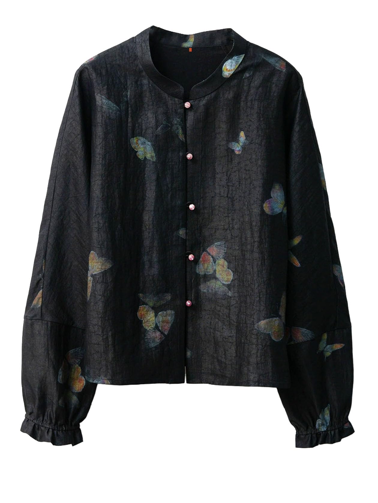 Women's Xiangyunsha Silk Jacket - Lightweight Cracked Pattern Butterfly Print Top with Low Mandarin Collar