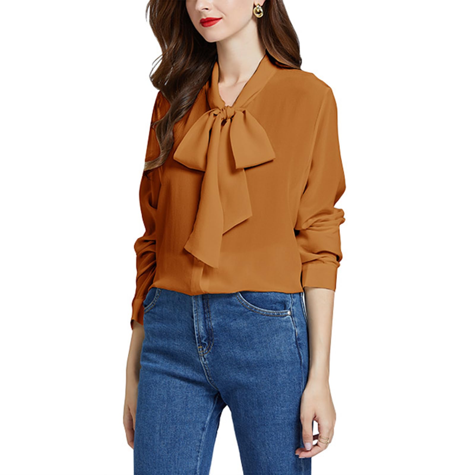 Women's 18 Momme Pure Silk Blouse - Long Sleeve Button Down Shirt with Elegant Bow Tie Ribbon