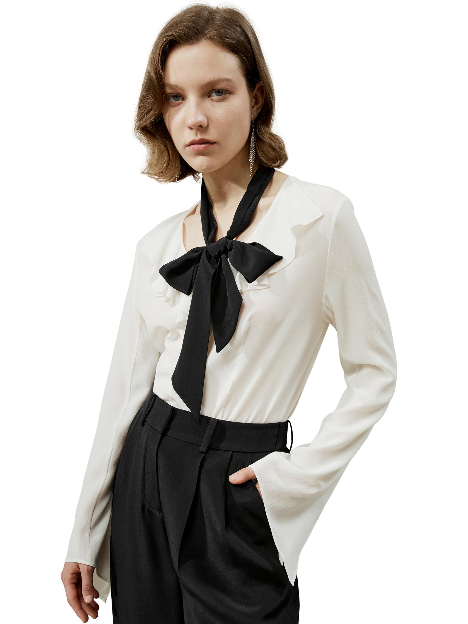Women's 18MM Pure Silk Blouse with Removable Tie & Ruffle Bow Neck - Classic Versatile Shirt