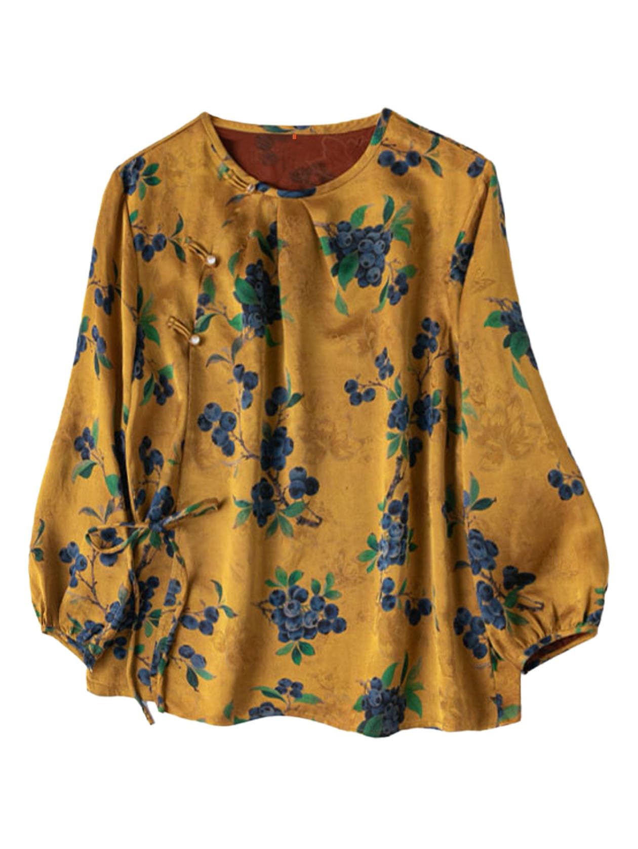 Women's Asymmetrical Silk Blouse - Floral Jacquard Top with Elegant Lantern Sleeves