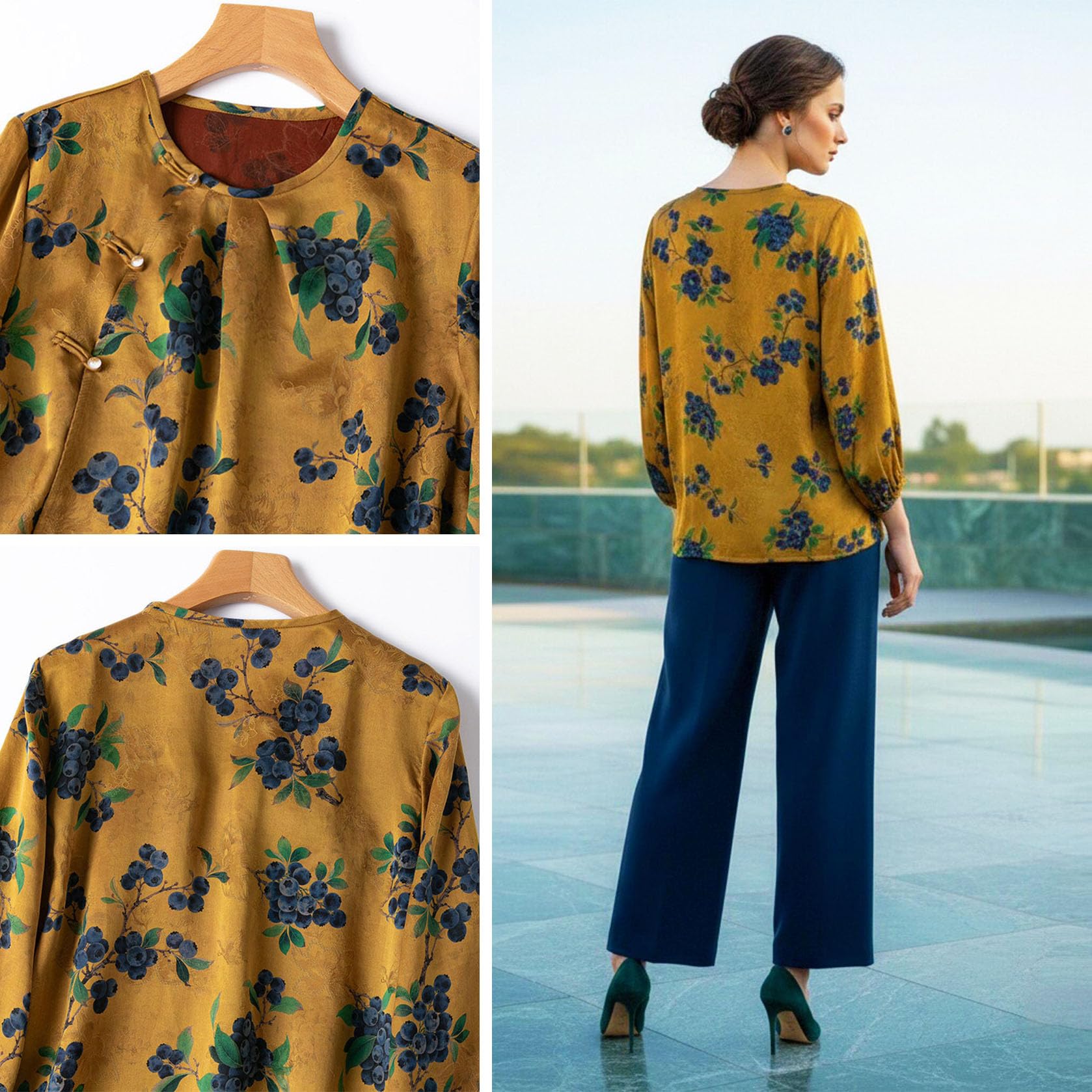 Women's Asymmetrical Silk Blouse - Floral Jacquard Top with Elegant Lantern Sleeves