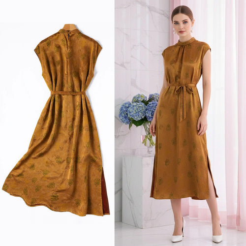 Elegant A-Line Cheongsam Dress - Mandarin Collar Xiangyunsha Jacquard Silk Evening Gown