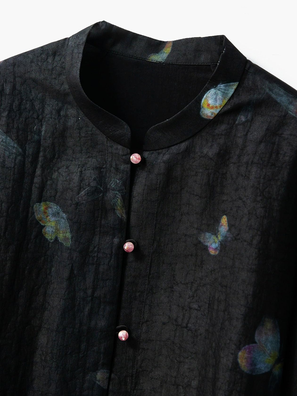 Women's Xiangyunsha Silk Jacket - Lightweight Cracked Pattern Butterfly Print Top with Low Mandarin Collar
