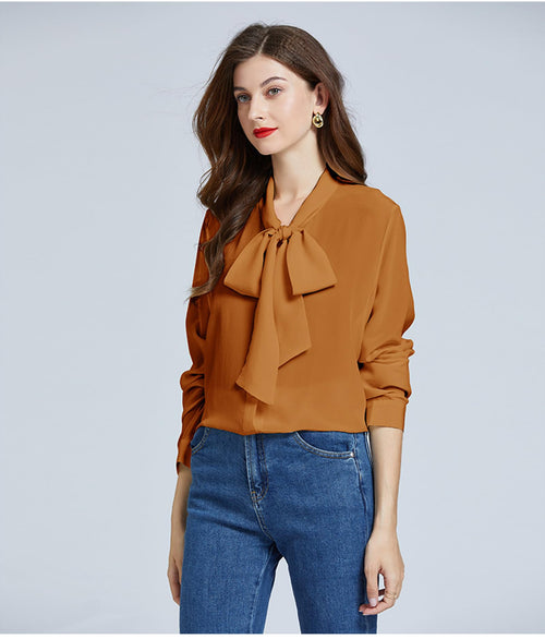 Women's 18 Momme Pure Silk Blouse - Long Sleeve Button Down Shirt with Elegant Bow Tie Ribbon