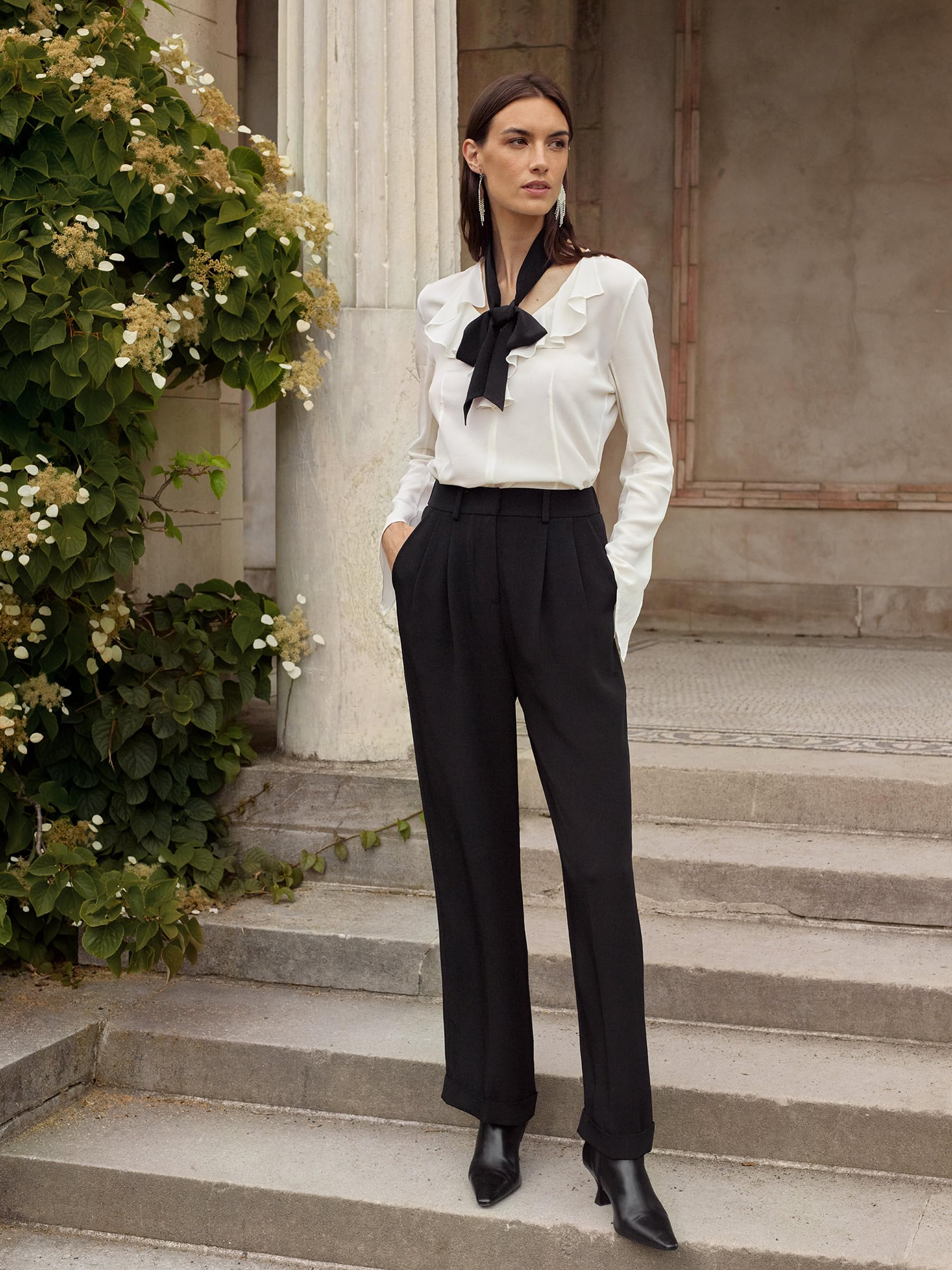 Women's 18MM Pure Silk Blouse with Removable Tie & Ruffle Bow Neck - Classic Versatile Shirt