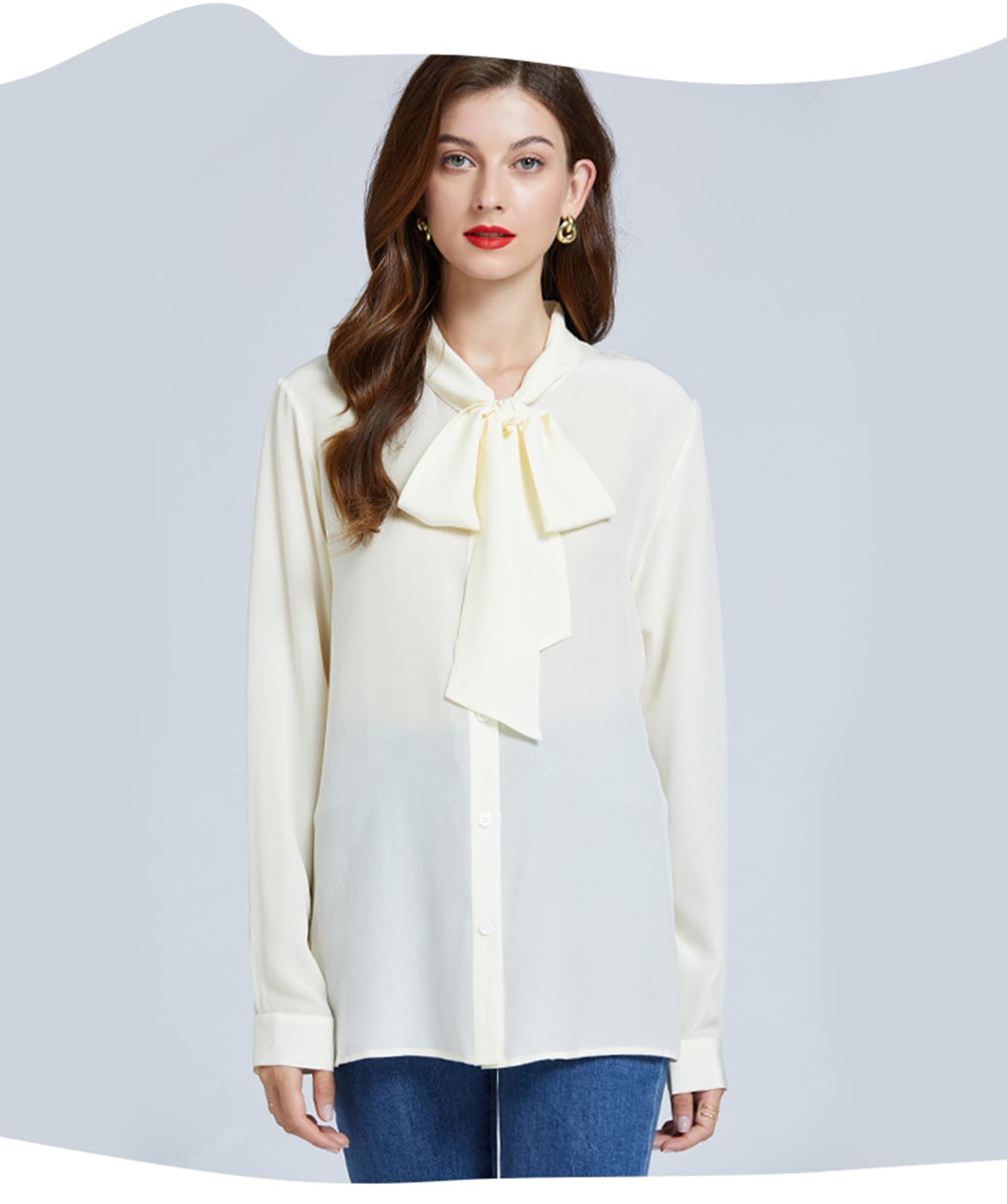 Women's 18 Momme Pure Silk Blouse - Long Sleeve Button Down Shirt with Elegant Bow Tie Ribbon