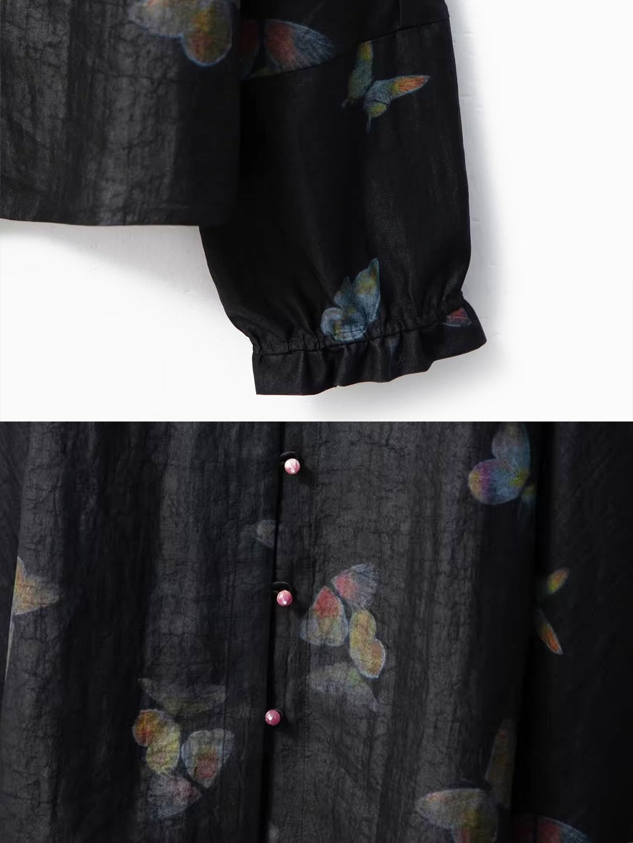 Women's Xiangyunsha Silk Jacket - Lightweight Cracked Pattern Butterfly Print Top with Low Mandarin Collar
