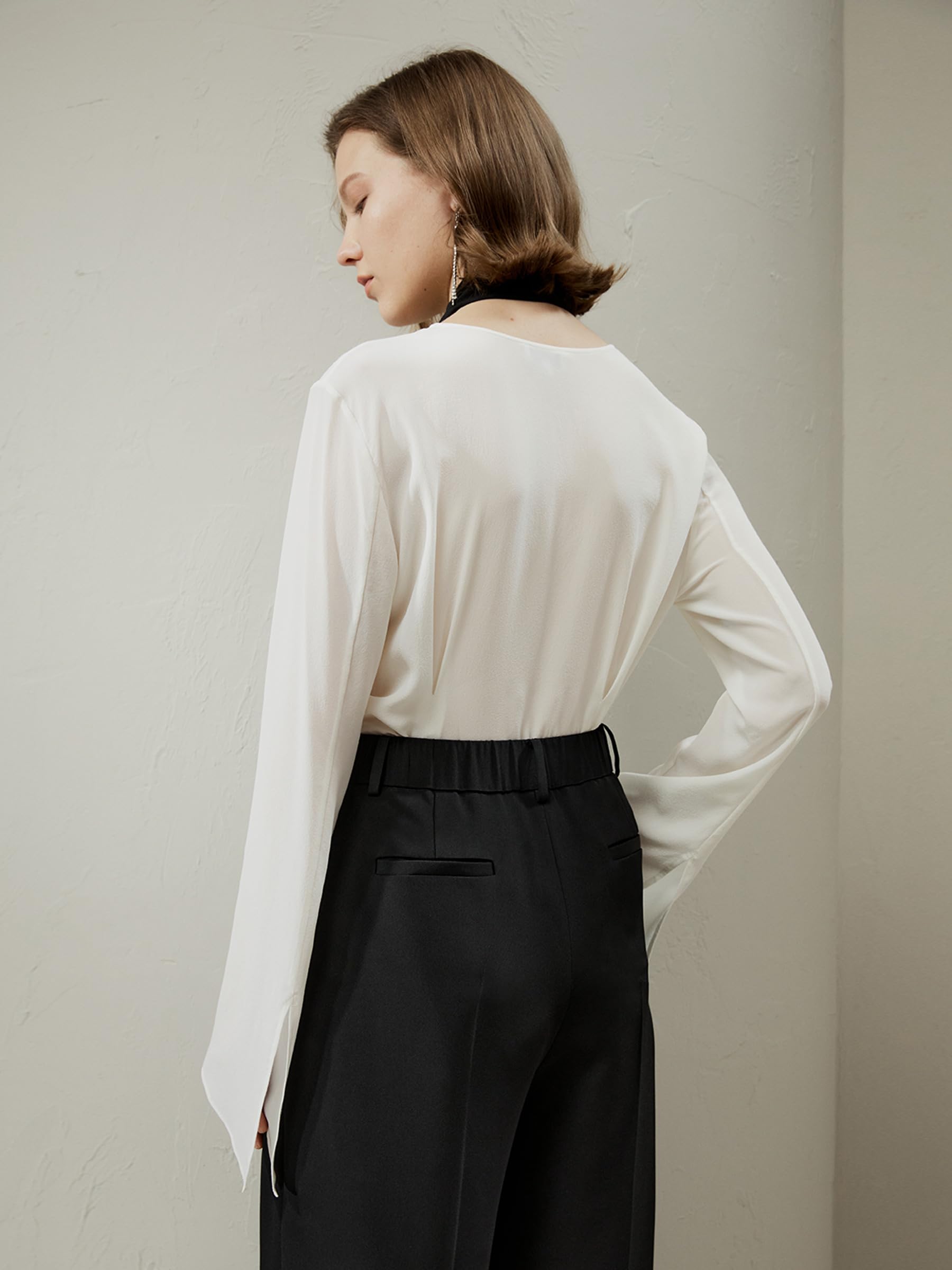 Women's 18MM Pure Silk Blouse with Removable Tie & Ruffle Bow Neck - Classic Versatile Shirt