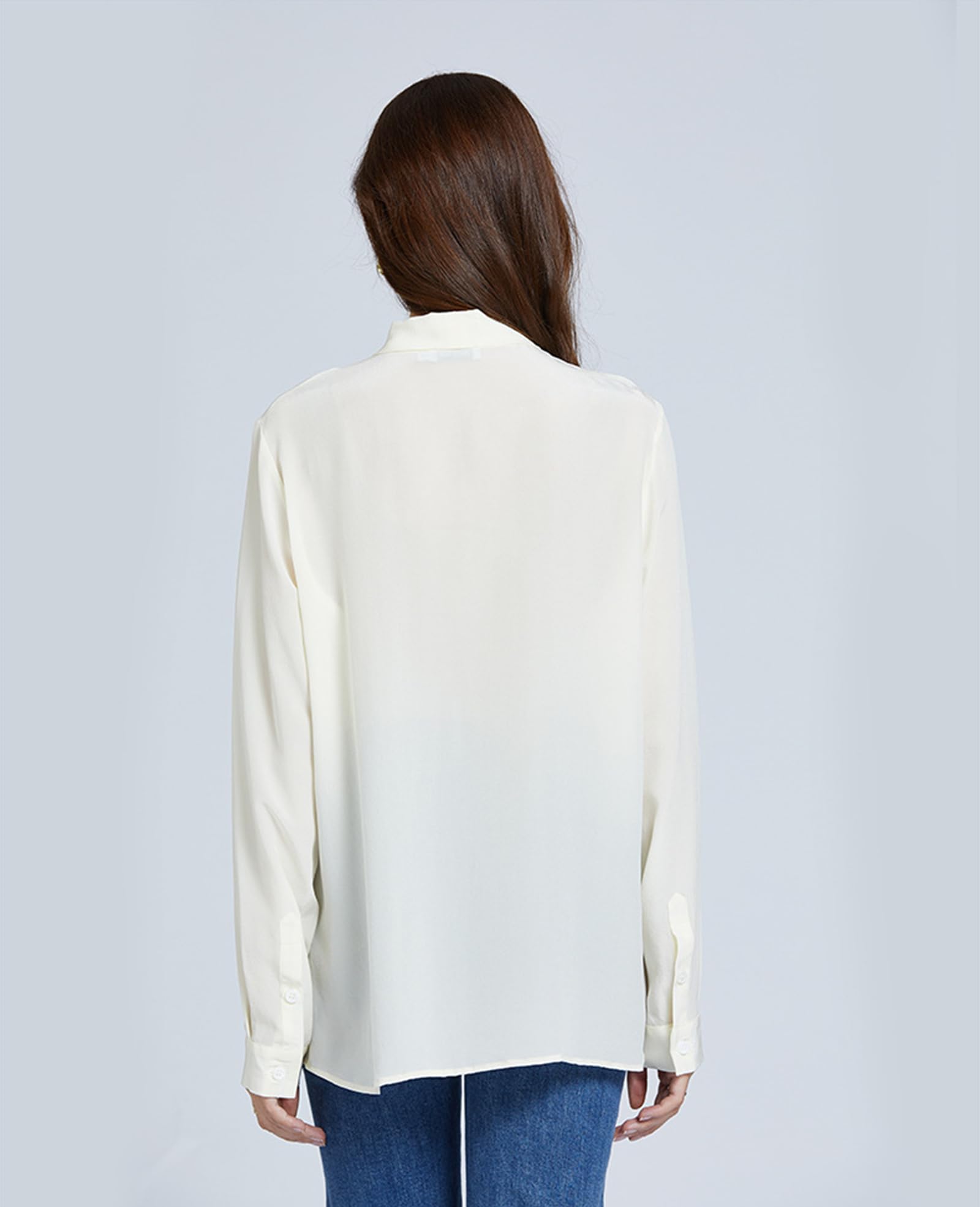 Women's 18 Momme Pure Silk Blouse - Long Sleeve Button Down Shirt with Elegant Bow Tie Ribbon