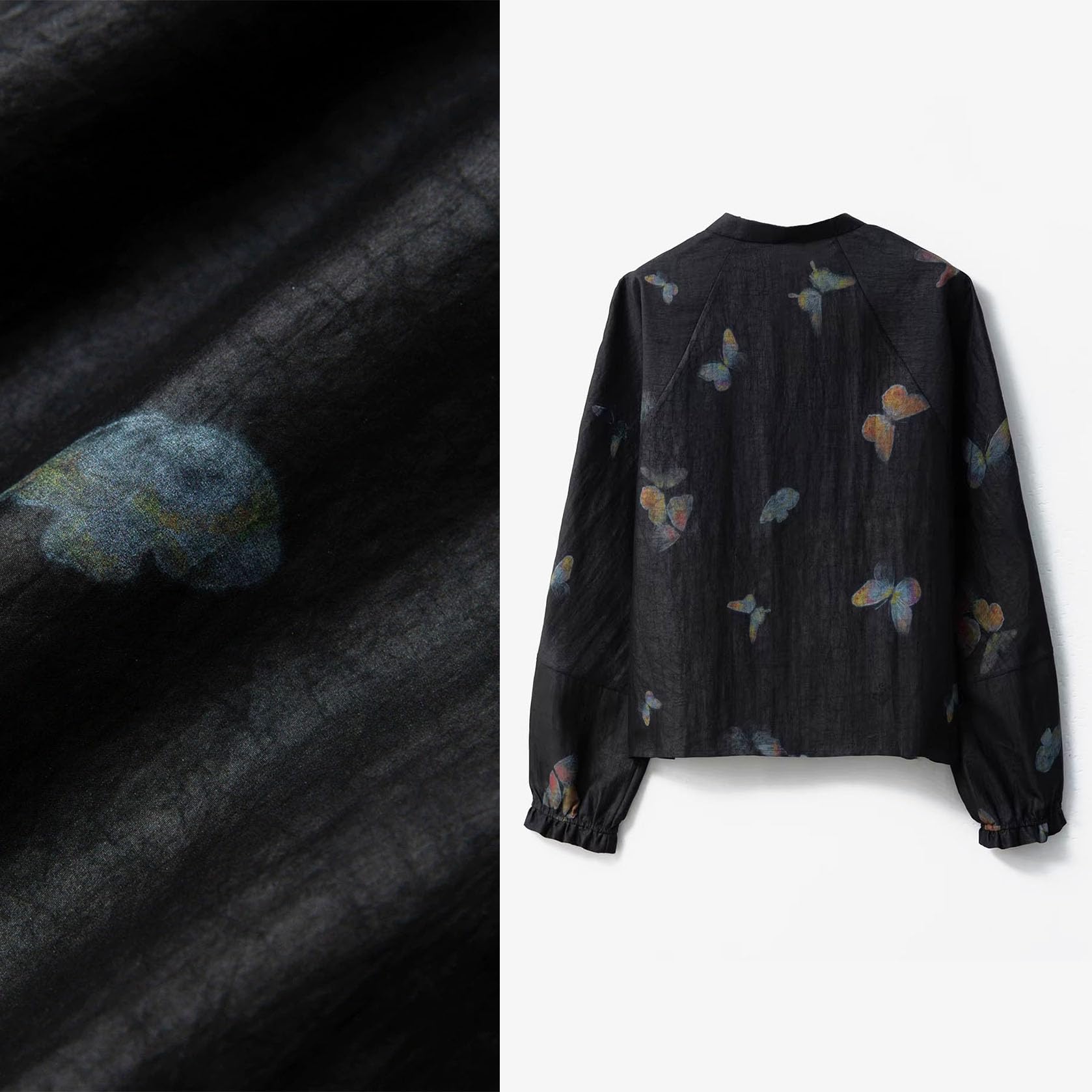 Women's Xiangyunsha Silk Jacket - Lightweight Cracked Pattern Butterfly Print Top with Low Mandarin Collar