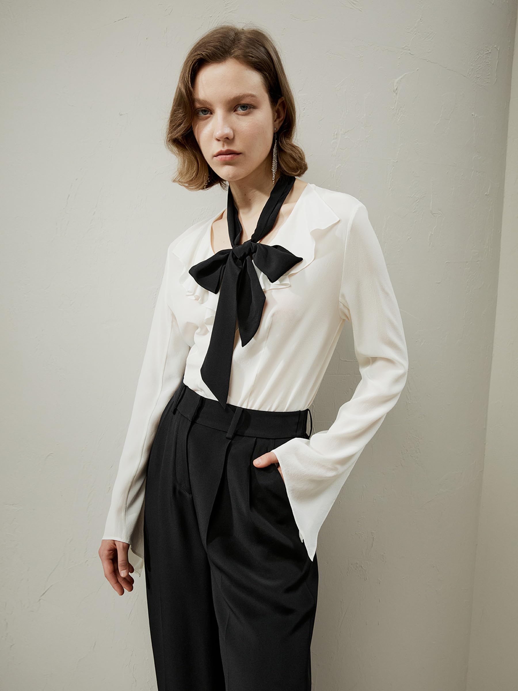 Women's 18MM Pure Silk Blouse with Removable Tie & Ruffle Bow Neck - Classic Versatile Shirt