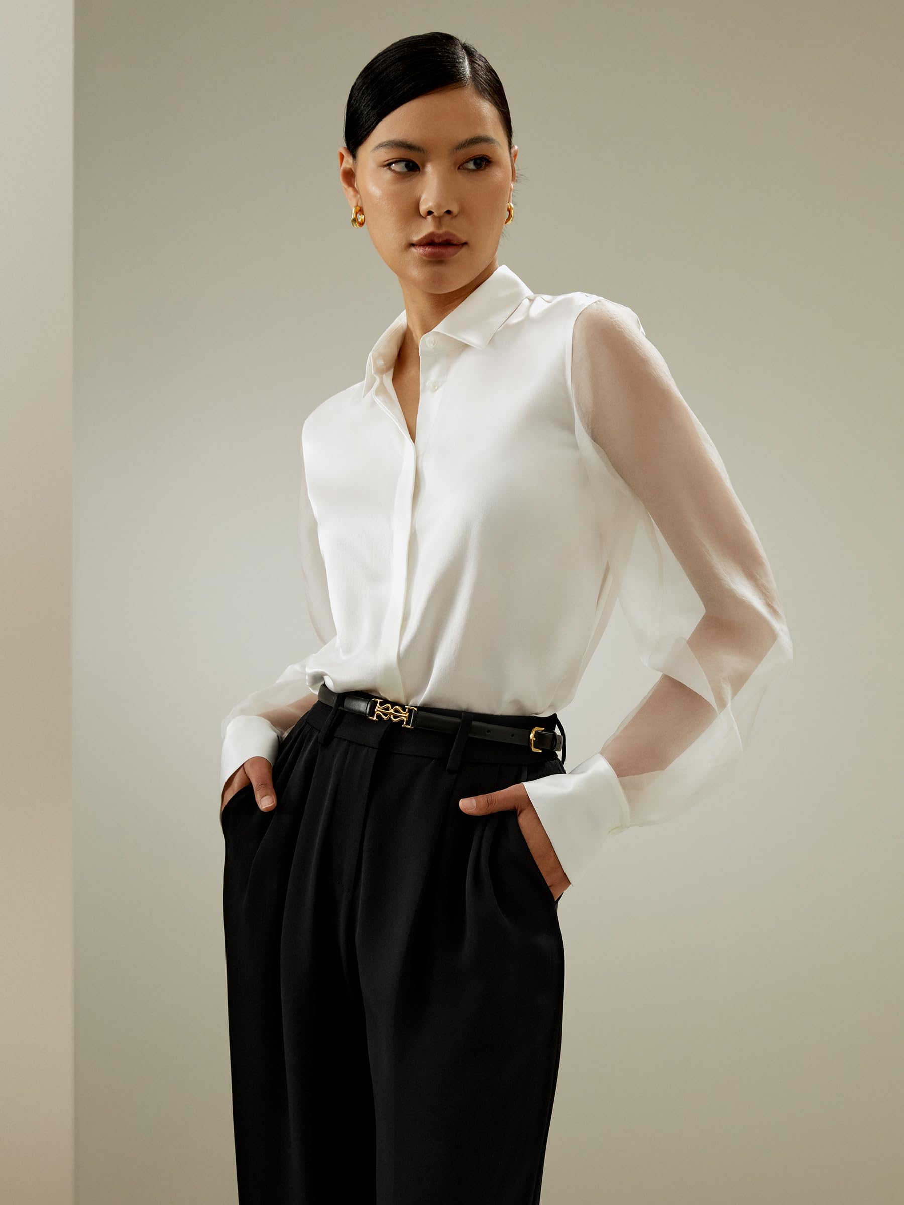 LilySilk Womens Pure Silk Shirt Ladies Silk Blouse with Crisp Sheer Sleeves and Smooth Finish Main Body