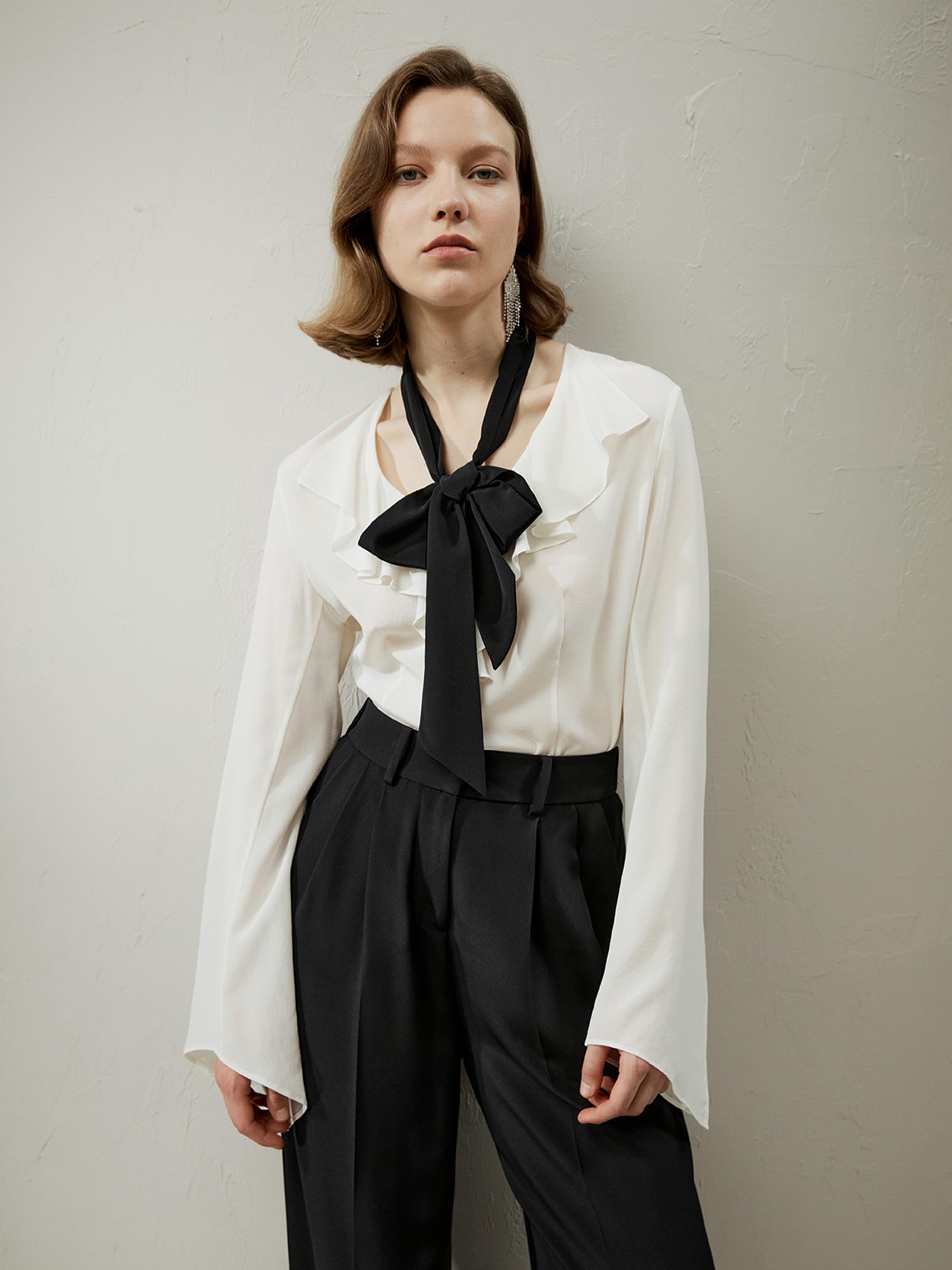 Women's 18MM Pure Silk Blouse with Removable Tie & Ruffle Bow Neck - Classic Versatile Shirt